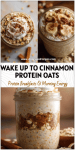 Creamy cinnamon roll protein oatmeal layered in a jar topped with oats, cinnamon, and yogurt for a Yummy Healthy Overnight Oats look.